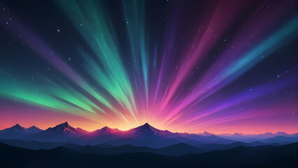 Colorful aurora borealis illuminating snowy mountain range at sunset