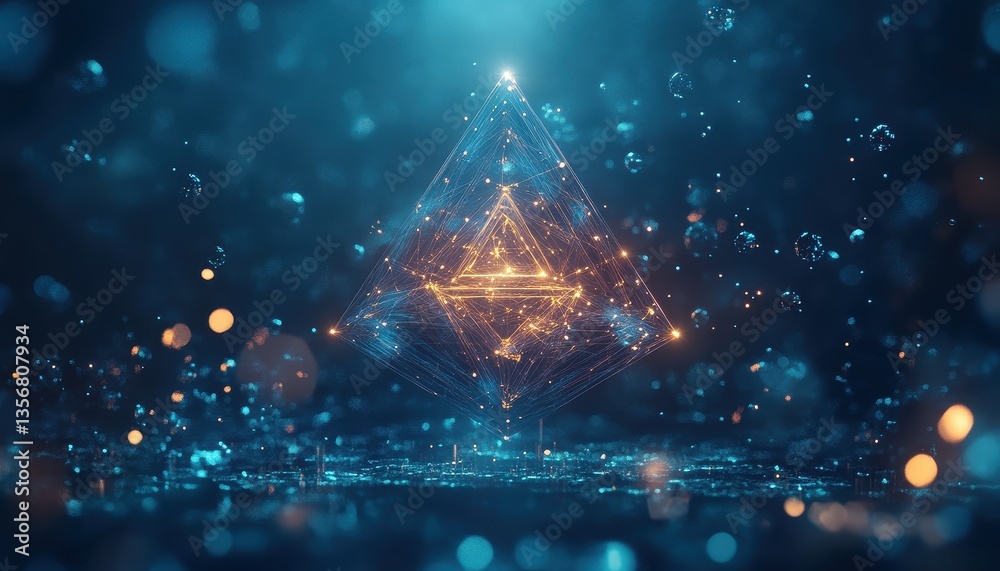 Poster abstract glowing gold christmas tree with blue particles and bokeh