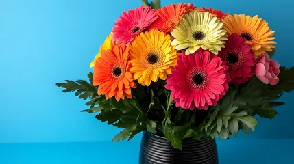  Vibrant gerbera daisies in a black vase against a blue background. © Bagas