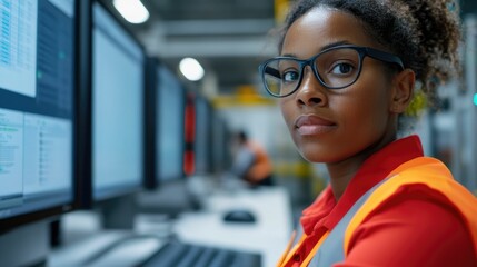 Professional warehouse inventory manager using computer software tools and technology to oversee high tech inventory management systems in a modern corporate workplace environment
