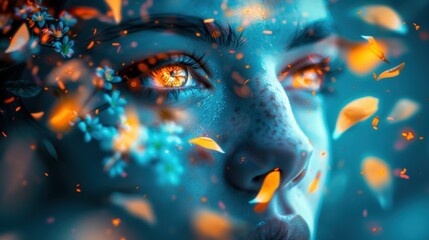 Enigmatic Beauty, a captivating portrait of a woman with luminous eyes and floral motifs emerging from her skin, rich in muted tones with vibrant bursts, merging fantasy and mysticism.