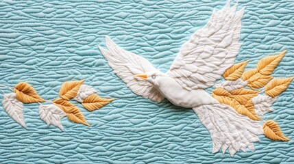 Whimsical Leaf Bird in Stitched Sky, a playful creation of nature elements soaring through a textured fabric sky, blending organic shapes with imaginative artistry.