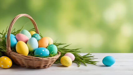 Colorful easter eggs resting in a wicker basket and grass on a white wooden surface