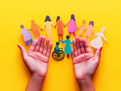 Hands Holding Diverse Figures: A pair of hands cradles a colorful collection of paper cutouts, representing diverse individuals, including one in a wheelchair, symbolizing inclusivity and support.
