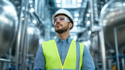 A manager wearing a safety vest and hard hat reviewing production data and metrics displayed on a large screen in a modern high tech manufacturing or warehouse facility