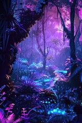 Fototapeta premium Mystical bioluminescent jungle with glowing flora and ethereal purple mist creating magical fantasy landscape background
