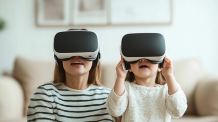 A heartwarming scene of an Asian mother and her young daughter immersed in a captivating virtual reality experience within the comfort and coziness of their living room