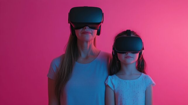 A mother and daughter bonding over an immersive virtual reality experience surrounded by modern and futuristic decor elements in their living space