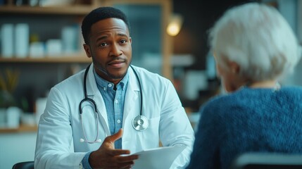 Doctor provides medical guidance to elderly patient in bright office setting
