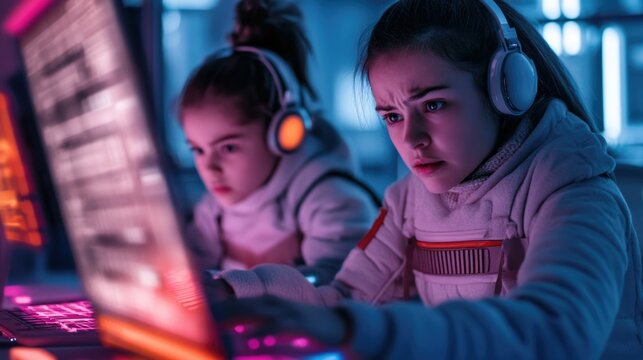A futuristic family setup with a mother and daughter immersed in a cyber world surrounded by a high tech gaming workspace with a laptop headphones and vibrant neon lighting - Powered by Adobe