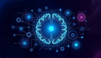 Obraz premium Abstract digital brain illustration with blue patterns and nodes 