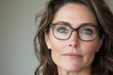 Fototapeta premium Confident woman with glasses looking at the camera in a softly lit indoor setting during the daytime