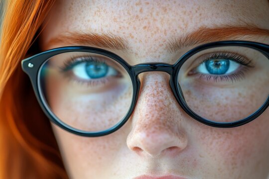 Close-up of a young person with bright blue eyes and freckles, showcasing vibrant red hair and stylish black glasses - Powered by Adobe