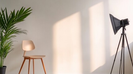 Minimalist interior scene featuring a wooden chair beside a potted plant and studio light setup
