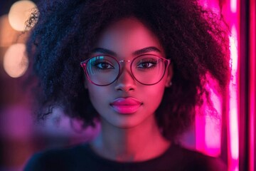 Obraz premium Young woman with curly hair and glasses poses confidently against vibrant neon lights in urban setting during evening