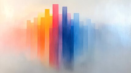 Fototapeta premium A brooding atmosphere of foggy hues disrupted by spontaneous, vivid brushwork in red, blue, and