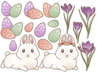 Easter collection with bunny, easter eggs and flowers. Colorful illustration.