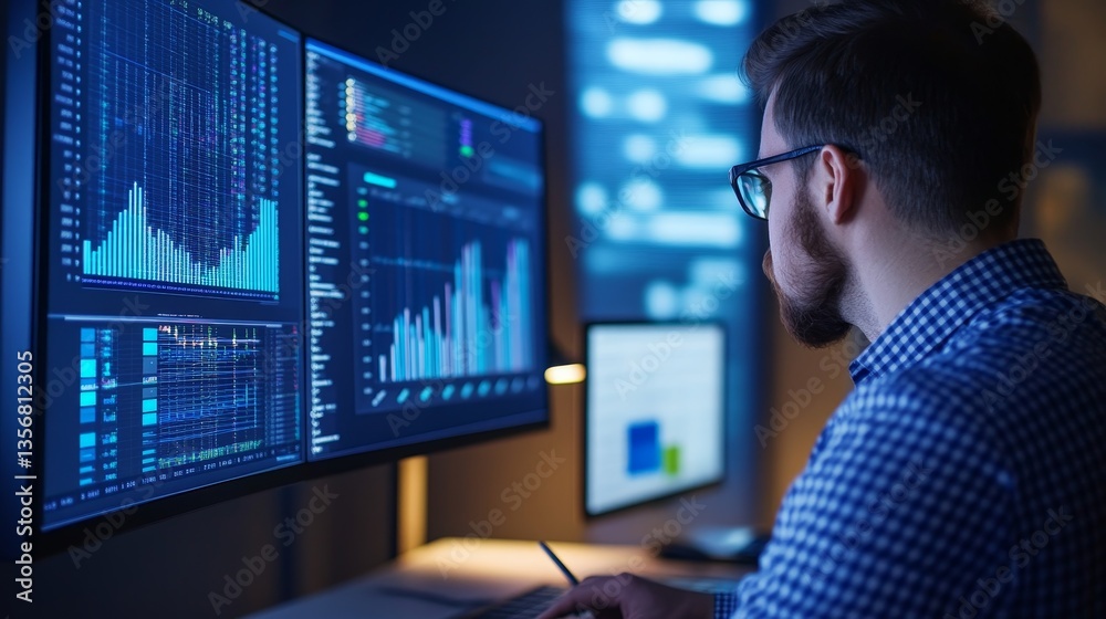 Poster data analyst working late at night, surrounded by multiple screens displaying charts and graphs
