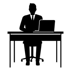 Businessperson Sitting at Desk Vector Silhouette – White Background Illustration