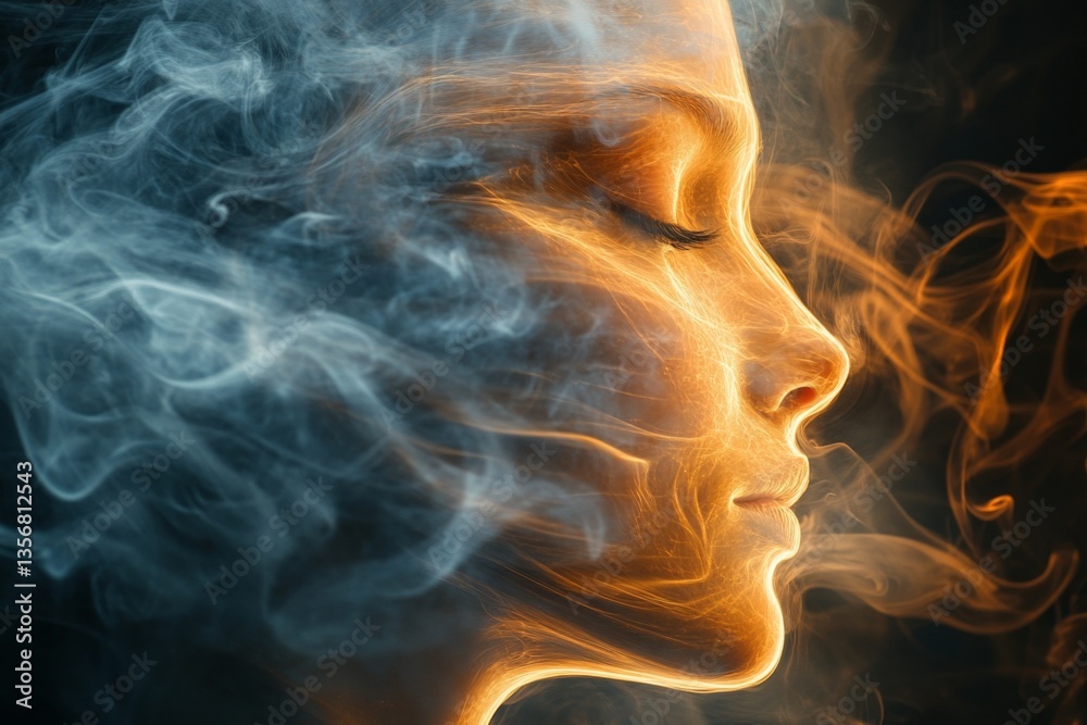 Poster artistic representation of a woman's face emerging from colorful smoke in a dark setting
