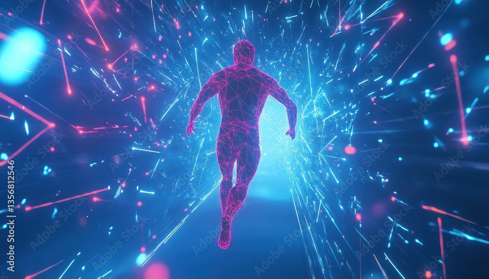 Poster glowing digital figure running through neon tunnel