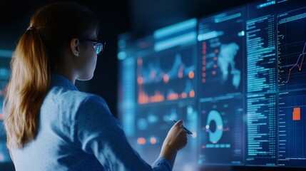 Woman Analyzing Data on Digital Screens in a Modern Office Environment at Night