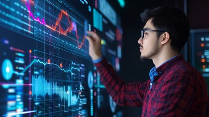 Young man analyzing digital data on a futuristic touchscreen in a tech-savvy environment