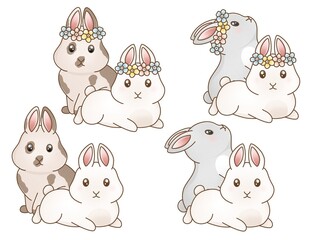 Easter collection with bunny, easter eggs and flowers. Colorful illustration.