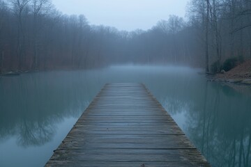 Naklejka premium Fog settles over tranquil lake with wooden dock in misty forest at dawn