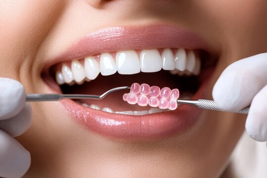 Dentist engages in treatment with patient showcasing bright smile and dental tools in modern clinic