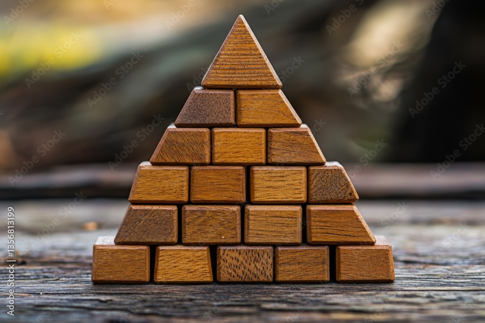 Aufkleber wooden blocks arranged in a pyramid shape on a rustic wooden surface surrounded by blurred greenery