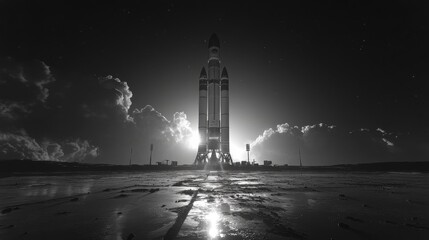 A massive rocket stands poised for lift off at a launch facility, its structure illuminated against a dramatic backdrop of clouds and early dawn light, ready to enter orbit.