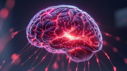 A futuristic AI brain visualized as a radiant network of energy beams and shifting light circuits,