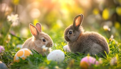 Two adorable Easter bunnies cuddling in the grass with painted eggs scattered around them