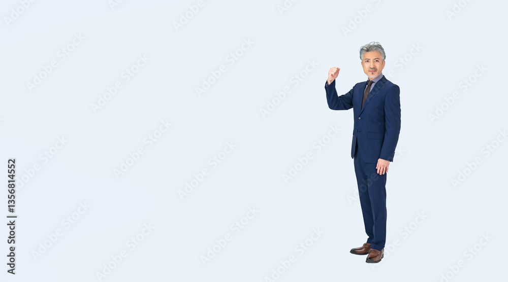 Aufkleber ガッツポーズするミドルエイジ男性ビジネスパーソンの全身写真（切り抜き背景透過pngも販売しております。↓作成者リンクから「png」で検索してください）