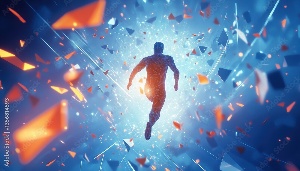 Poster Running Figure in Abstract Digital Space with Glowing Blue and Orange Particles