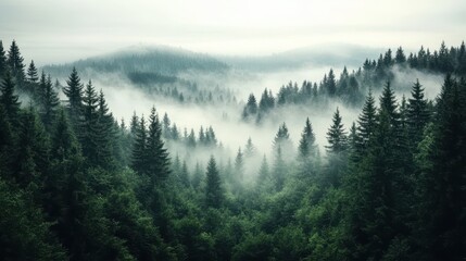 Morning mist forest dew serenity concept. A misty forest landscape, showcasing tall pine trees and layers of green foliage, enveloped in a soft, ethereal fog.