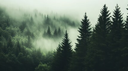 Fototapeta premium Morning mist forest dew serenity concept. A misty forest landscape with tall evergreen trees, creating a serene and atmospheric view filled with greenery and soft fog.