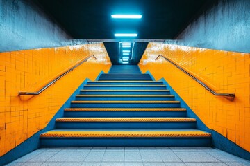 Fototapeta premium Brightly lit urban stairway with vibrant orange walls in a subway station during evening hours