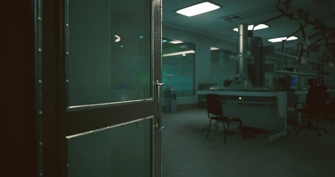 An open door shows a dimly lit office space with empty chairs and a workstation. The atmosphere suggests a quiet and abandoned work environment during late hours.