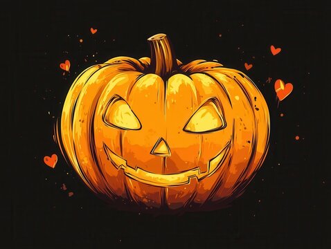 Smiling Jack O'Lantern with Hearts on Black Background