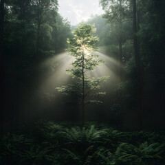 Obraz premium Sunlight piercing misty forest