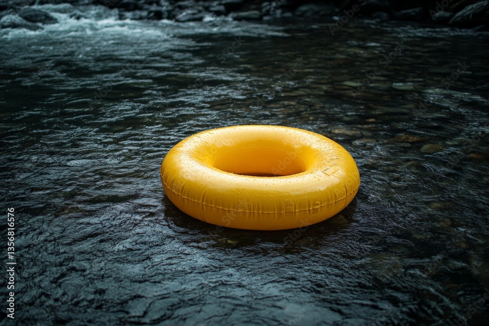 Poster bright yellow flotation ring resting in a calm river surrounded by rocks and greenery on a sunny day