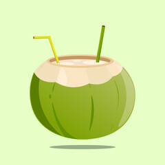 Fresh coconut with green and yellow straw. Fresh coconut water