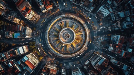 Aerial View of Circular Urban Intersection Surrounded by Buildings