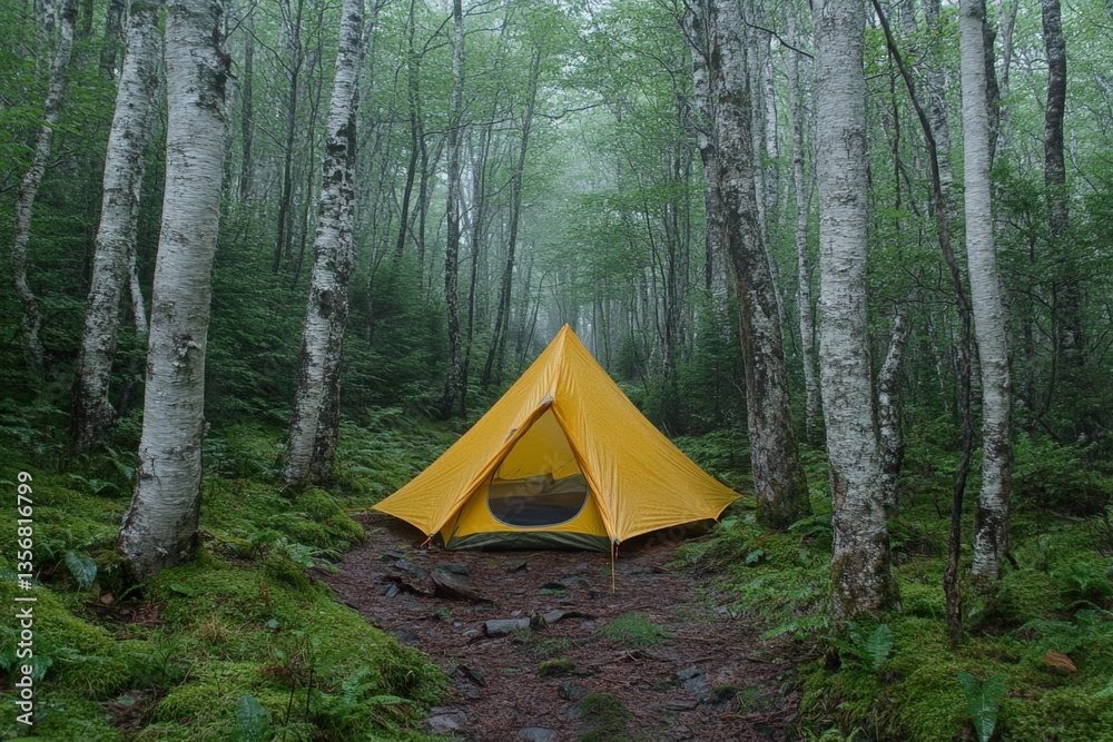 Poster tent stands amidst misty forest in early morning light, creating a tranquil camping scene surrounded