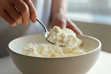 Creamy texture of cottage cheese being served with spoon in bowl