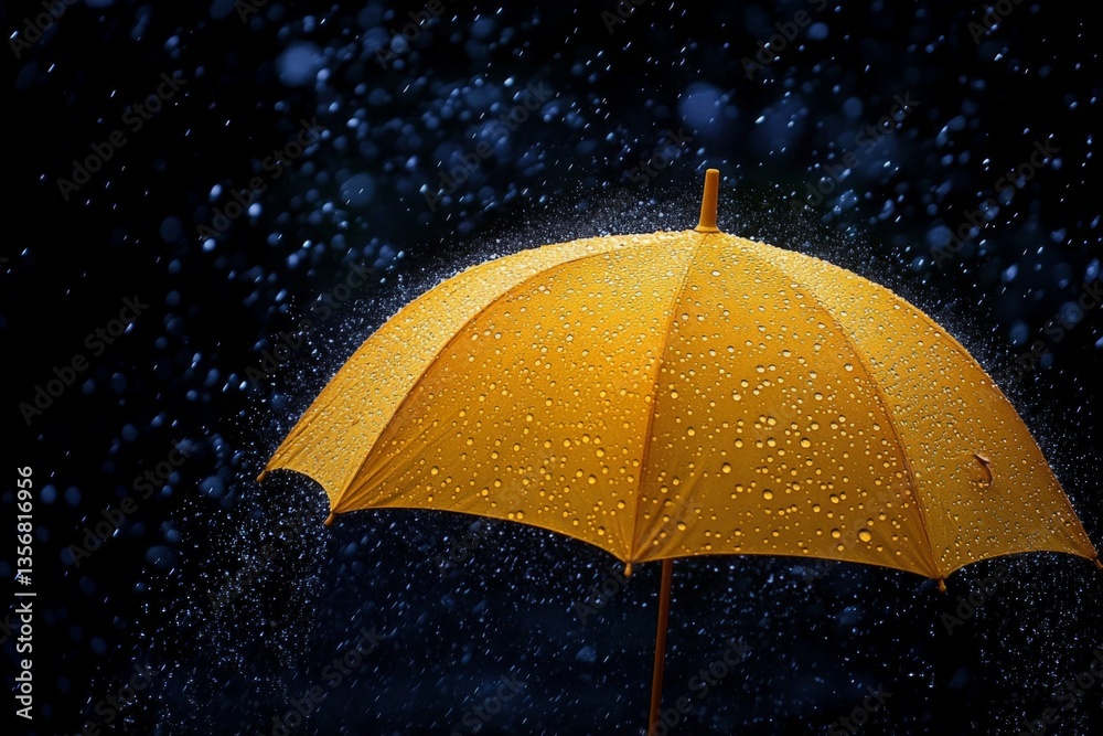 Aufkleber bright yellow umbrella stands out against rainfall in a dark setting while droplets scatter in the a