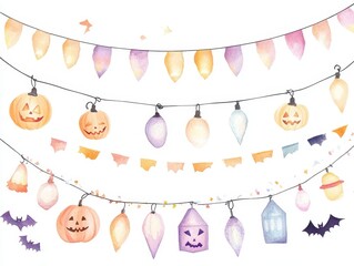 Watercolor Halloween Decorations: String Lights with Pumpkins and Bats