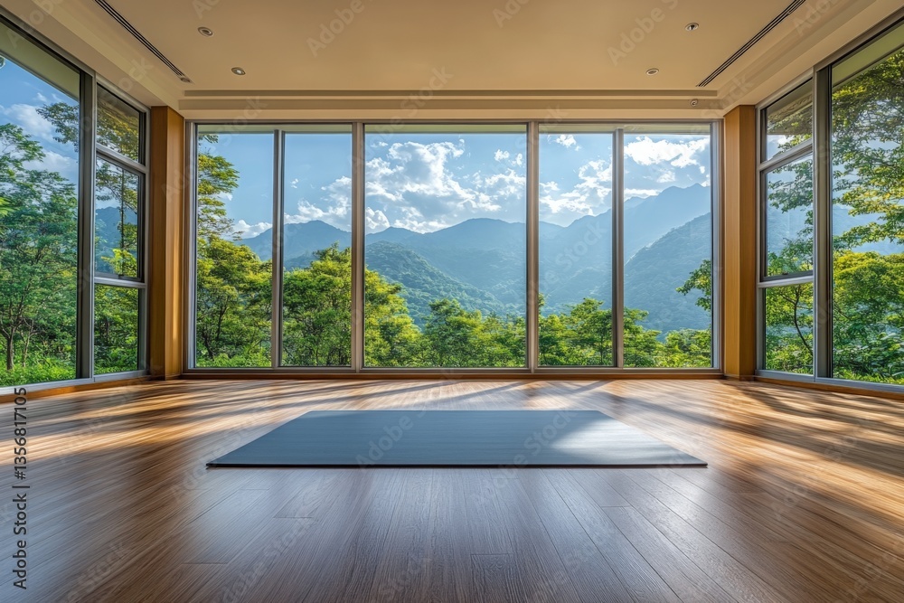 Poster Yoga practice space with mountain view and natural light in a serene setting creating a peaceful atmosphere for meditation and mindfulness